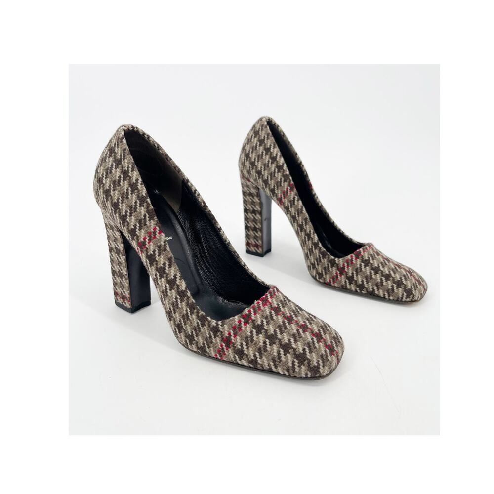 Prada Vintage IT 37 Brown Wool Houndstooth Square Toe Chunky Block Heel Pumps